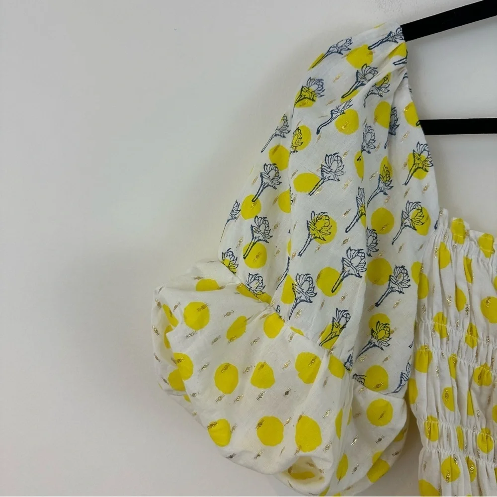 Ash & Eden Rucha Puff Sleeve Blouse In Yellow Patterned Size Small